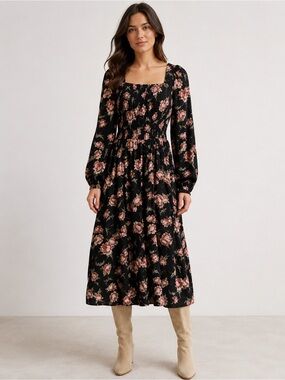 Black Floral Square-Neck Long Sleeve Midi Dress
